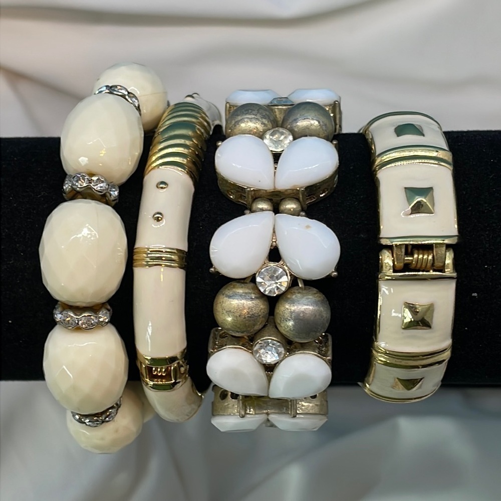 Set of 4 Cream, Gold, White & Crystal Bracelets
